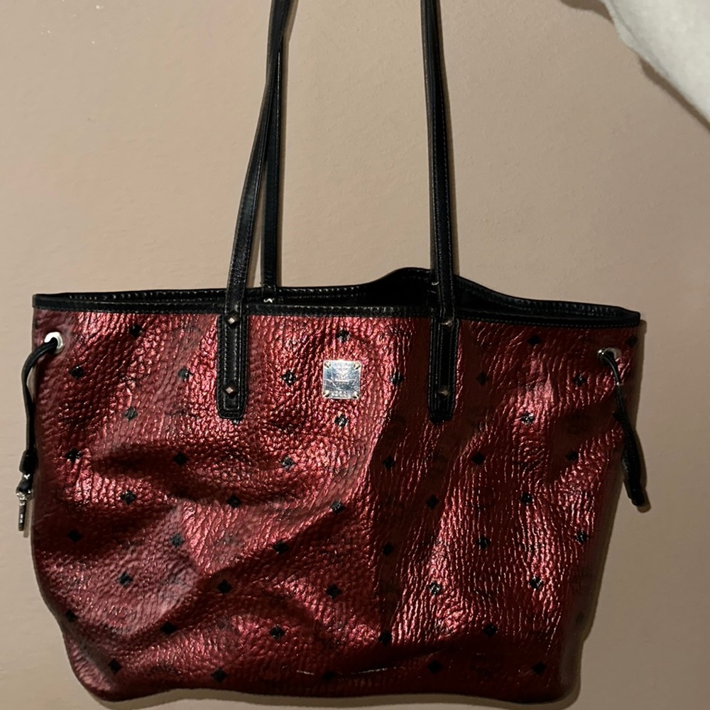 Red Metallic MCM Shopper Tote Medium